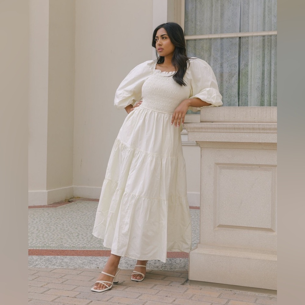 Vicki Collection Cream Puff Sleeve Back Tie Dress